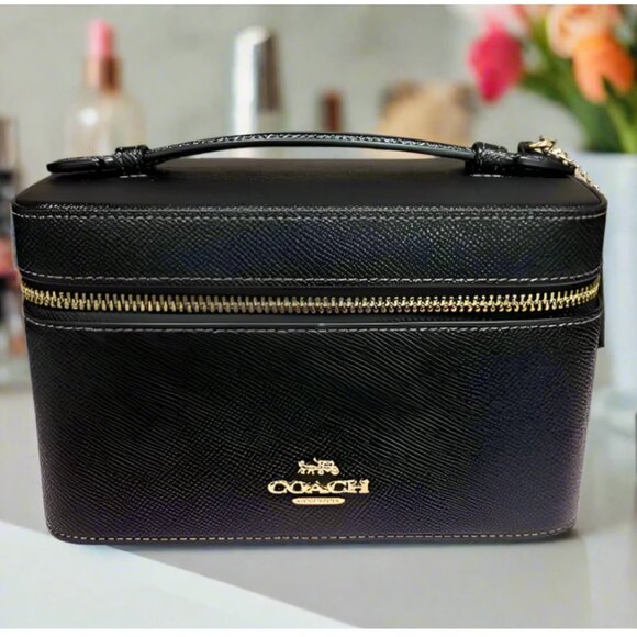 Coach Cosmetic Makeup Case CW727 Black Leather Large Travel Zip Around Toiletry - Picture 1 of 8